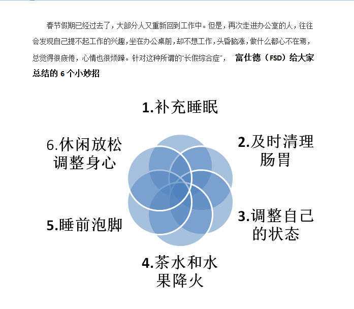 富仕德(FSD)給大家總結(jié)的6個調(diào)整節(jié)后綜合癥小妙招